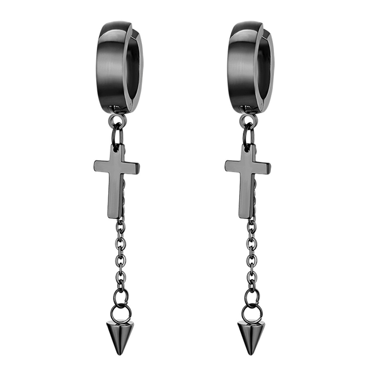 14k Gold Silver Black Huggie Style Dangle Stainless Steel Cross Earrings