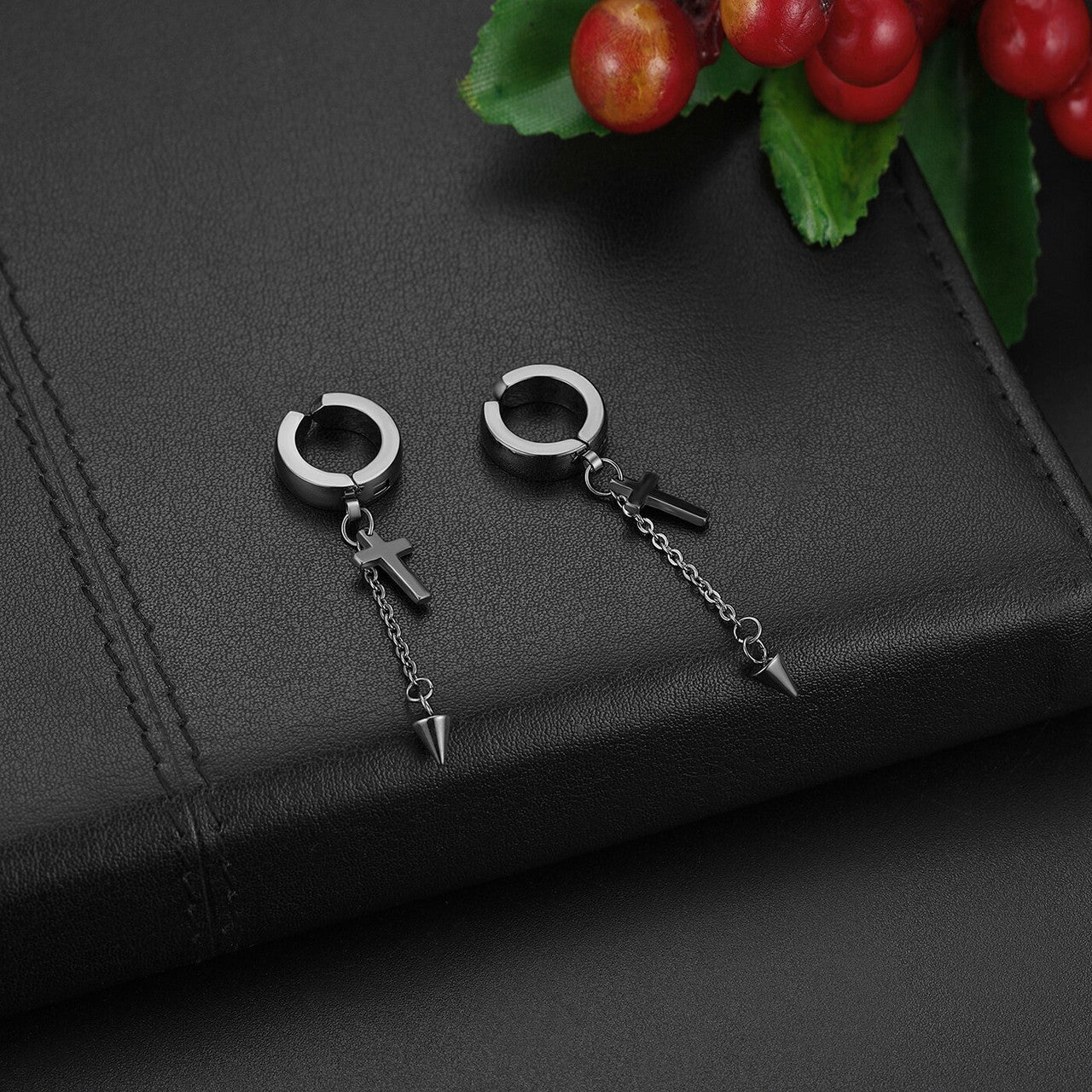 14k Gold Silver Black Huggie Style Dangle Stainless Steel Cross Earrings