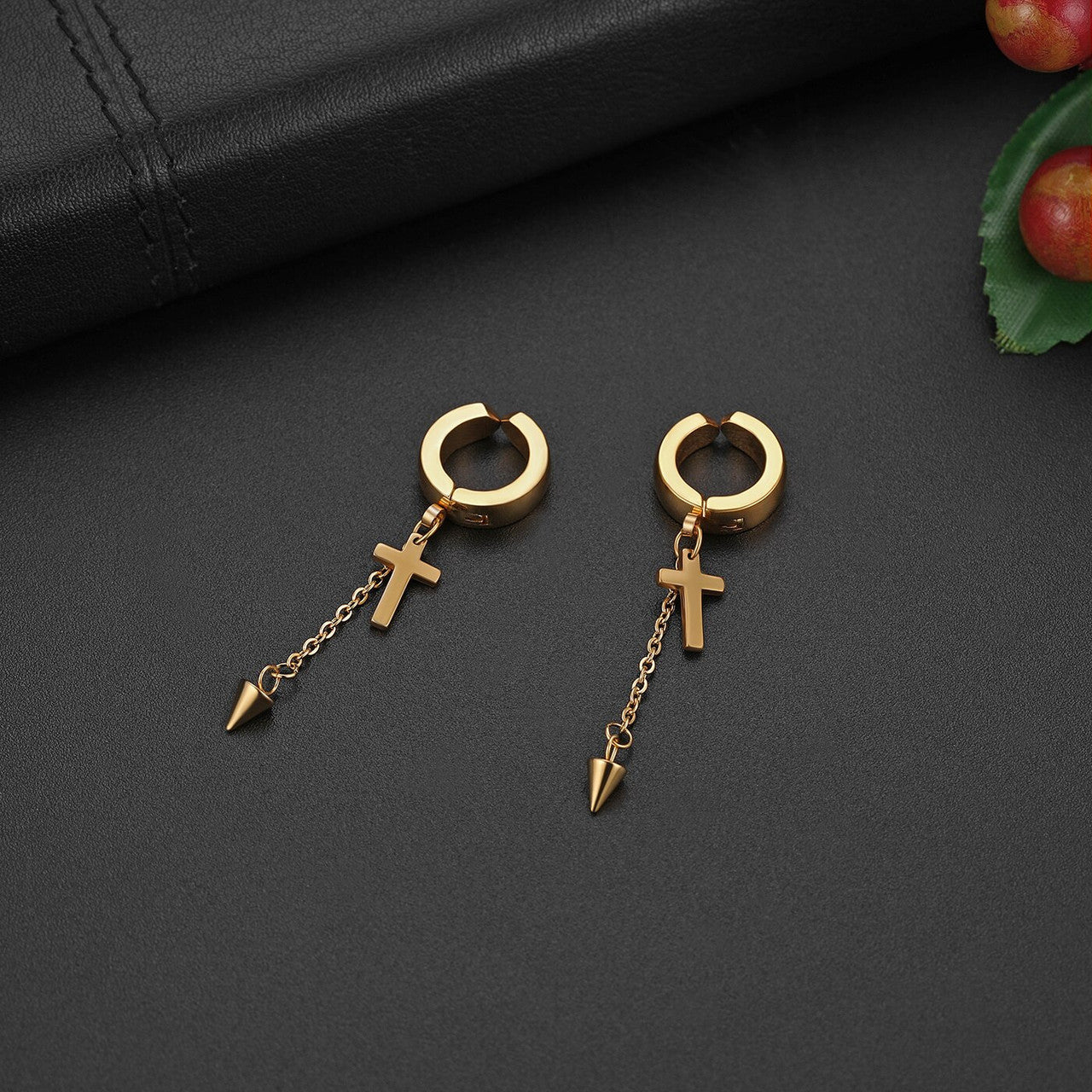 14k Gold Silver Black Huggie Style Dangle Stainless Steel Cross Earrings