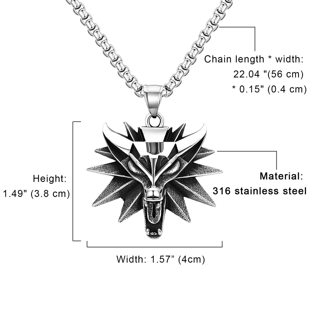 Mens No Fade Stainless Steel Alpha Wolf Vintage Pendant Chain Necklace
