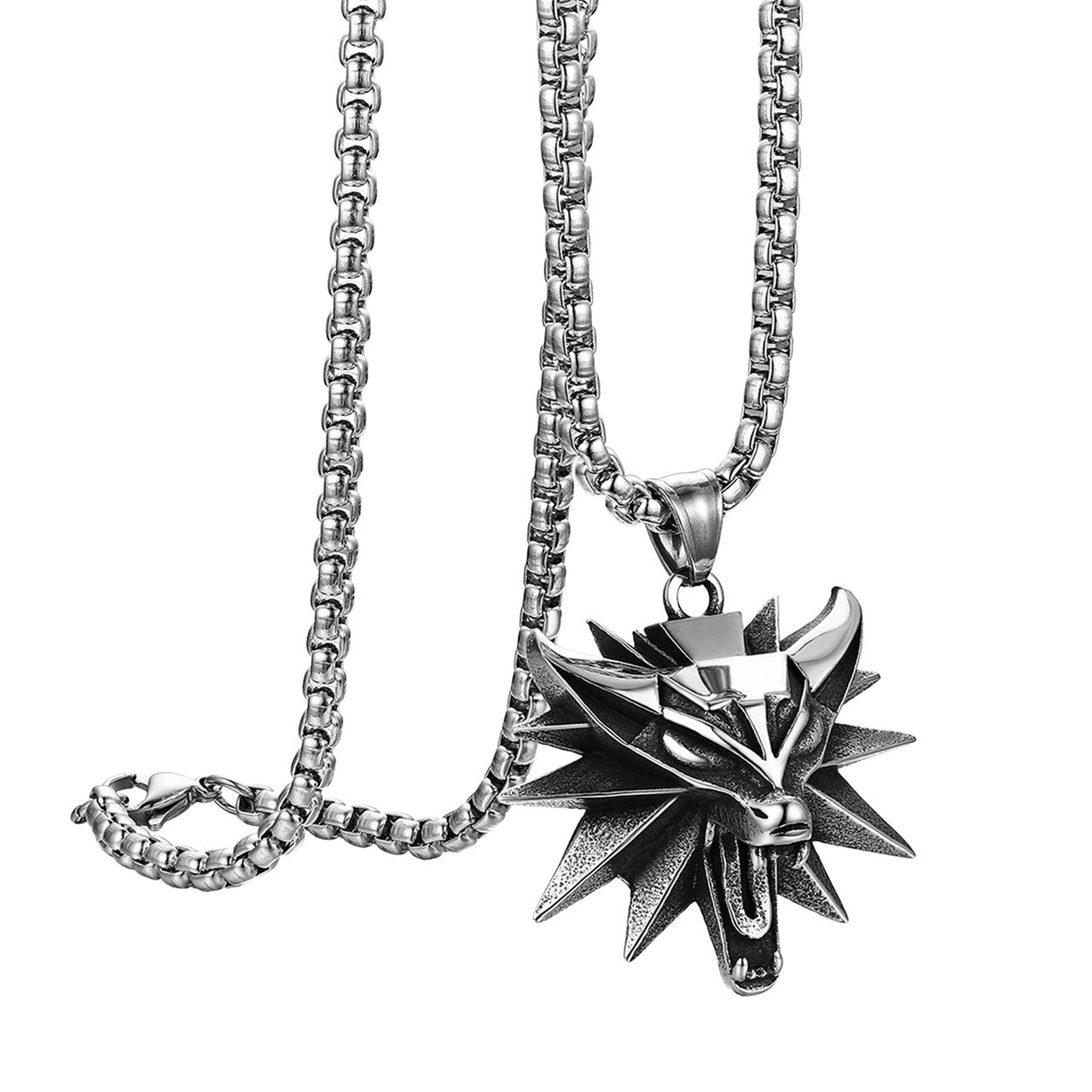 Mens No Fade Stainless Steel Alpha Wolf Vintage Pendant Chain Necklace