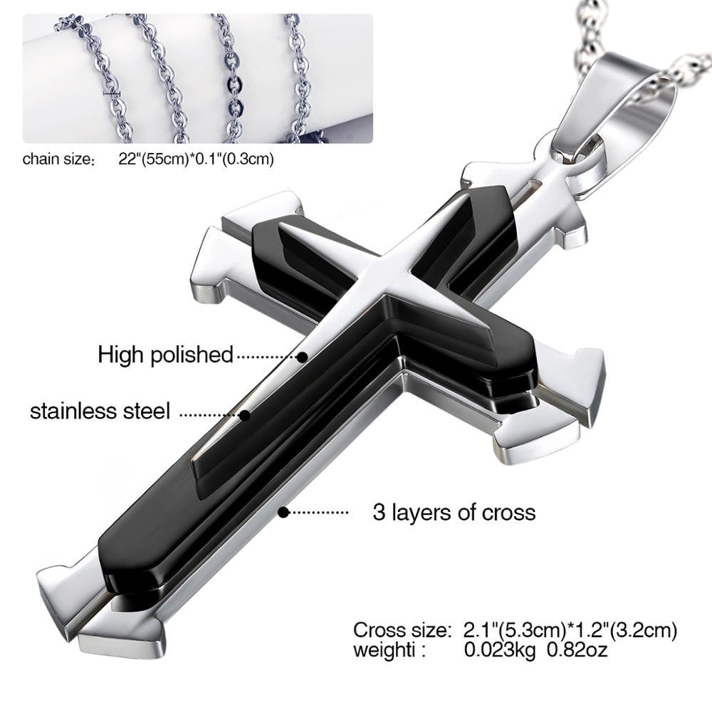 Mens Multi Layer No Fade Stainless Steel Hip Hop Cross pendant Chain Necklace