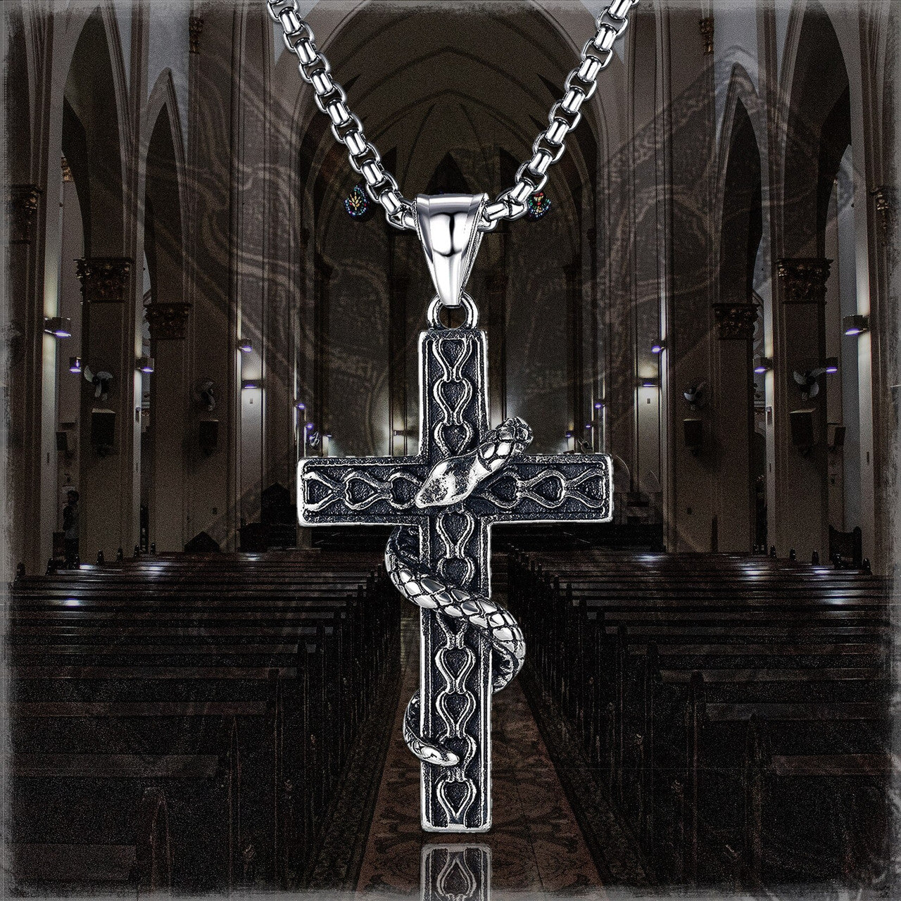 Stainless Steel Snake Serpent Men&#39;s Cross Pendant Chain Necklace