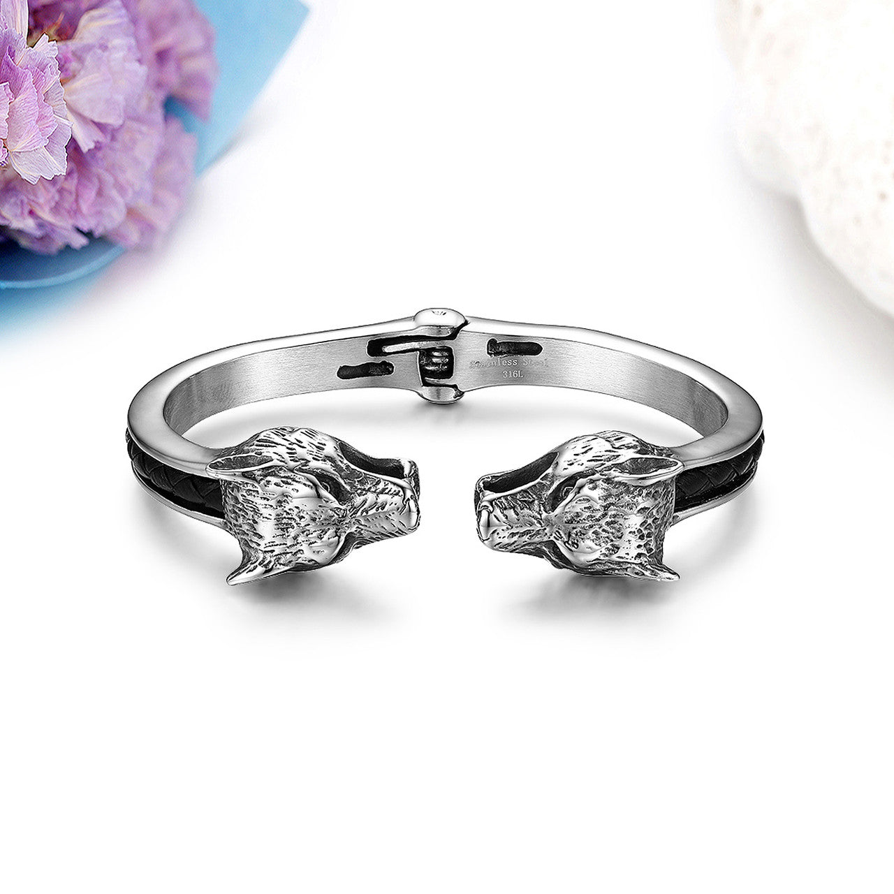 Mens High Fashion No Fade Stainless Steel Spring Clasp Assertive Man Wolf Bracelets