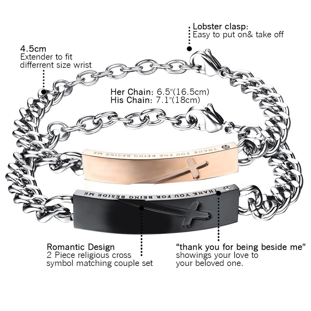Couples Lovers Thank you Cross Rose Gold Black Stainless Steel Bracelets