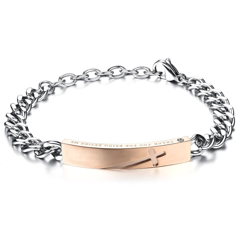 Couples Lovers Thank you Cross Rose Gold Black Stainless Steel Bracelets