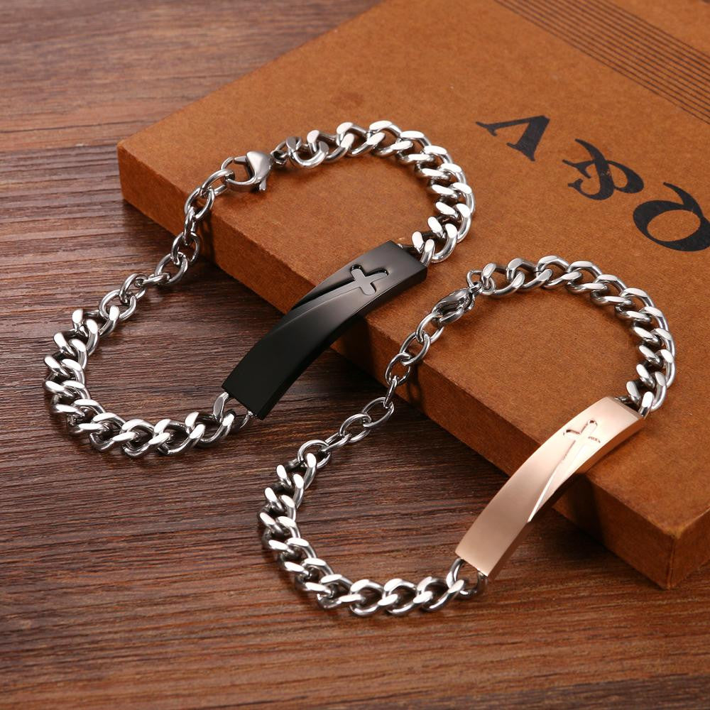 Couples Lovers Thank you Cross Rose Gold Black Stainless Steel Bracelets