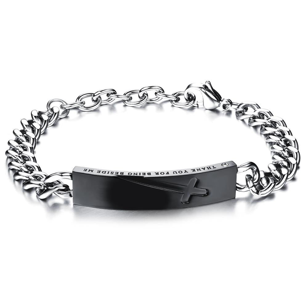 Couples Lovers Thank you Cross Rose Gold Black Stainless Steel Bracelets