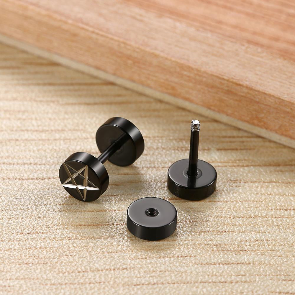 Stainless Steel Street Wear Rocker Punk Circle Pentagram Studs Earrings