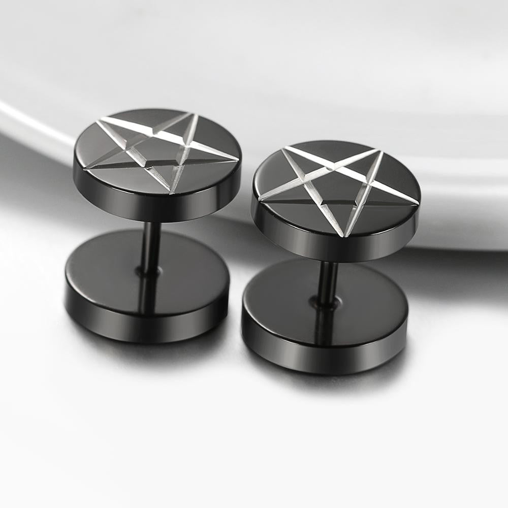 Stainless Steel Street Wear Rocker Punk Circle Pentagram Studs Earrings