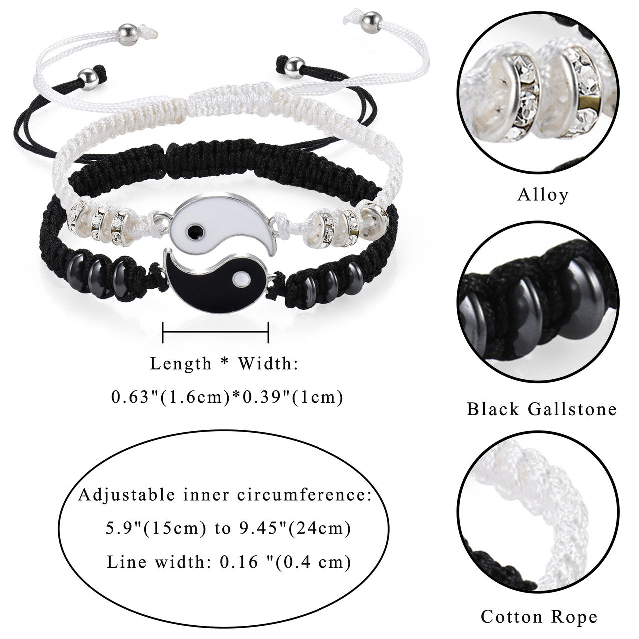 High Fashion Adjustable Link Tai Chi Yin Yang 2 Piece Single Lovers Bracelets