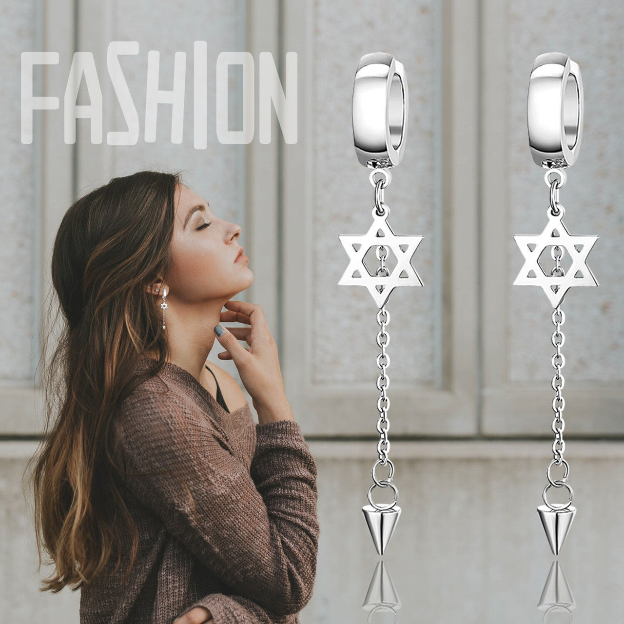 Five Pointed Star Of David Huggie Stainless Steel Triangle No Fade Dangle Earrings