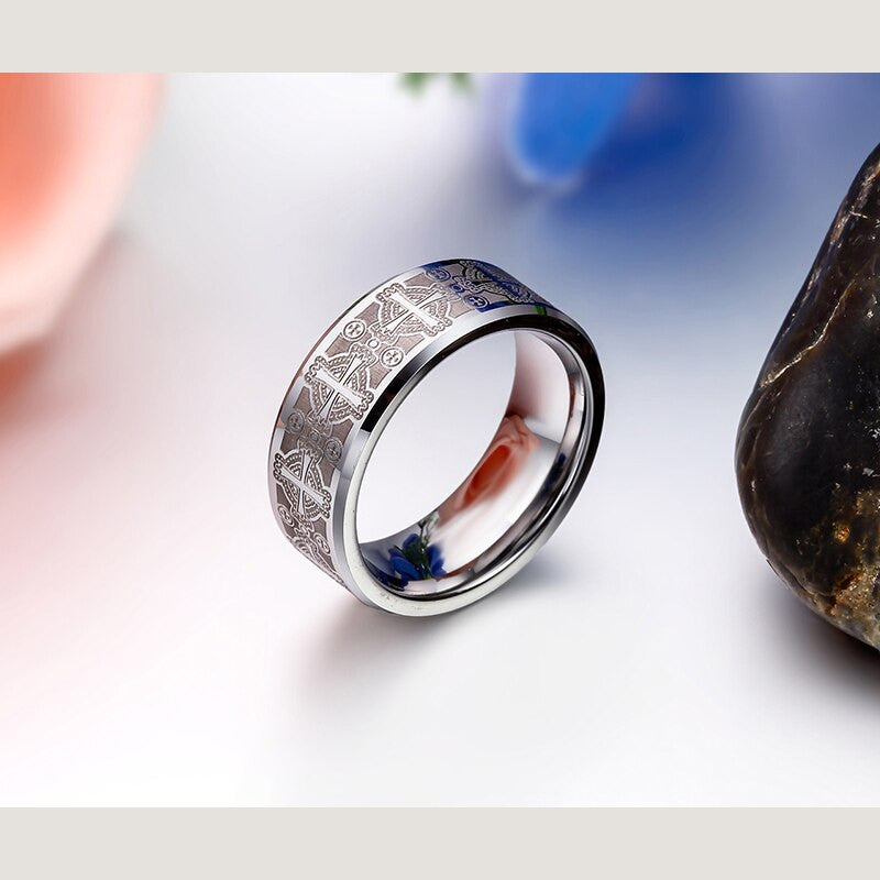 Mens Aztec Engraving Vintage Look 8mm Tungsten Stainless Steel Ring