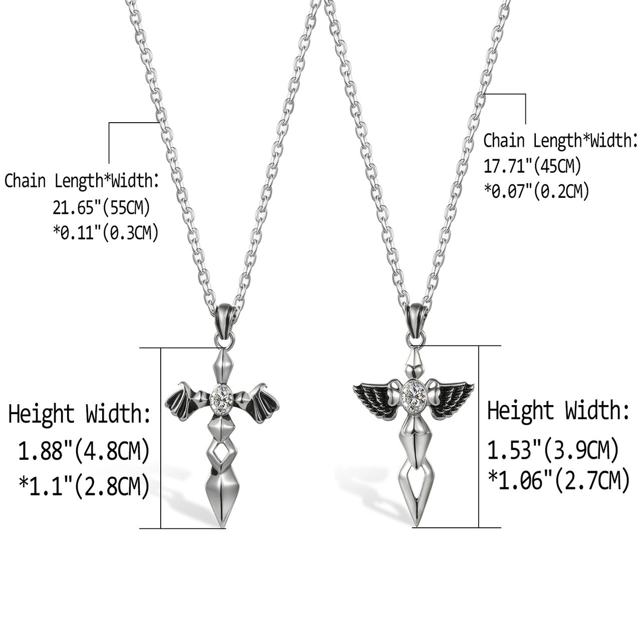 Vintage Style No Fade Stainless Steel Angel Devil Wings Pendant Chain Necklace