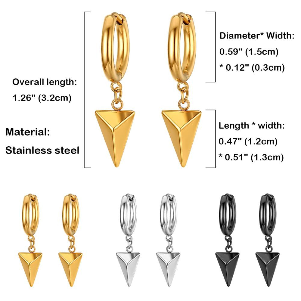 Triangle Pyramid Dangle Hoop No Tarnish No Fade Stainless Steel Gold Silver Black Earrings