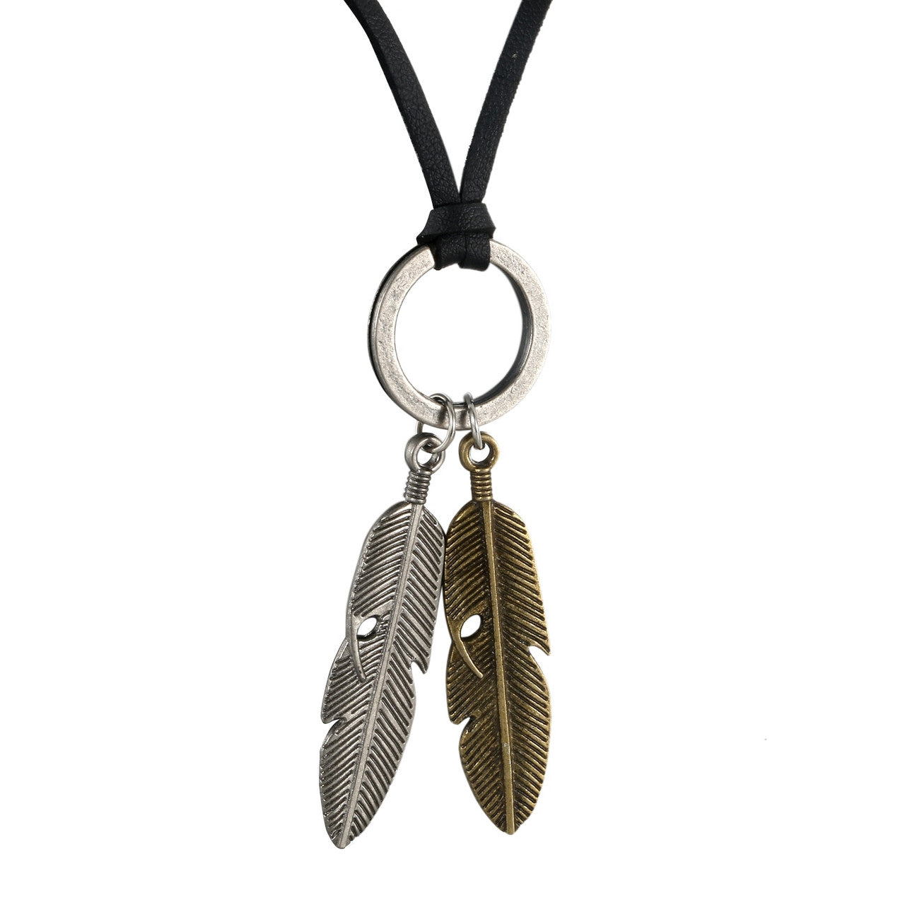 Antique Look Bronze Angel Tribal Feather Stainless Steel Leather Cord Chain Necklace