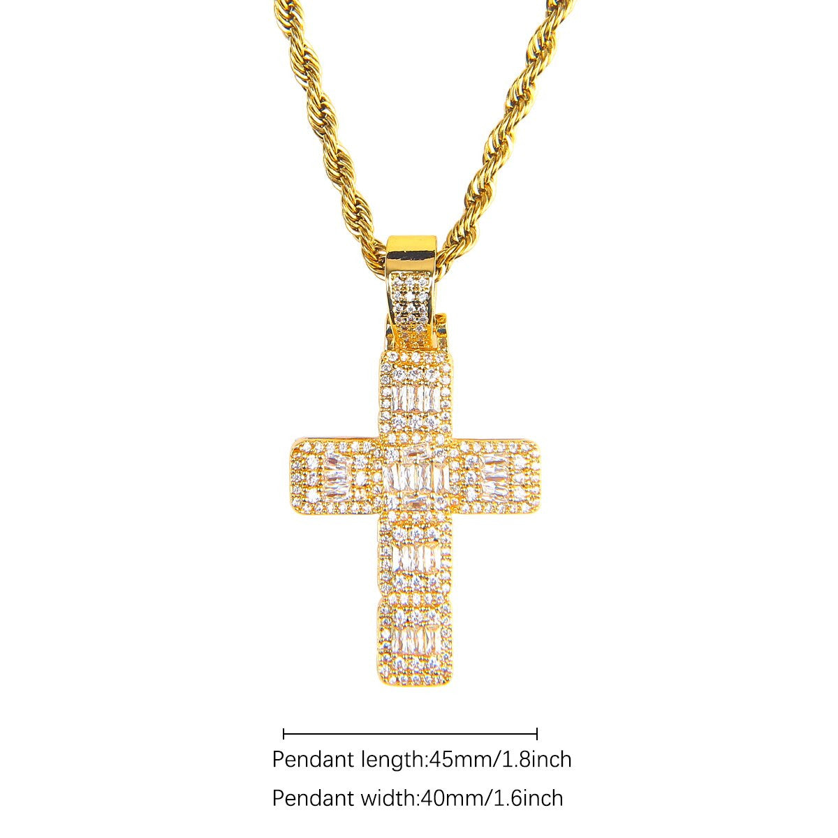 5A Thick Cut Flooded Ice Baguette Cross Bling Hip Hop Pendant Chain Necklace