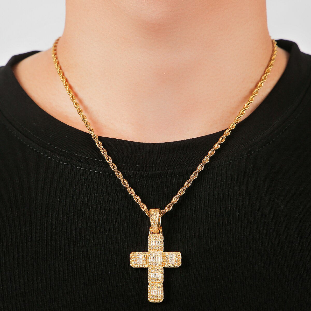 5A Thick Cut Flooded Ice Baguette Cross Bling Hip Hop Pendant Chain Necklace