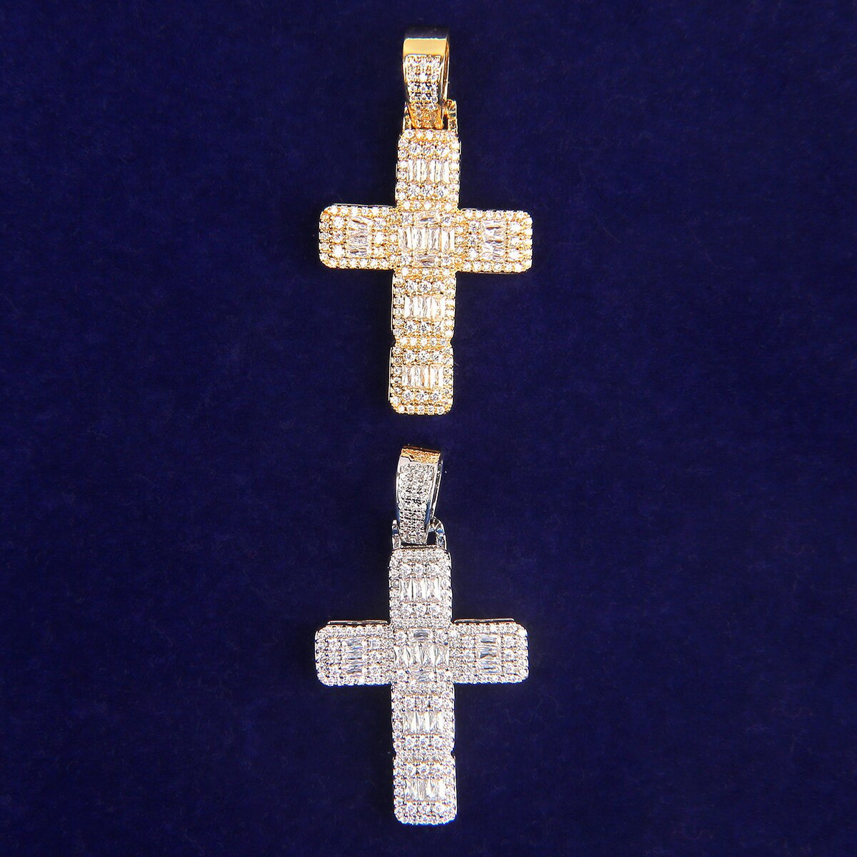 5A Thick Cut Flooded Ice Baguette Cross Bling Hip Hop Pendant Chain Necklace