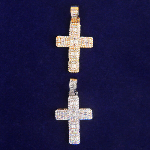 5A Thick Cut Flooded Ice Baguette Cross Bling Hip Hop Pendant Chain Necklace