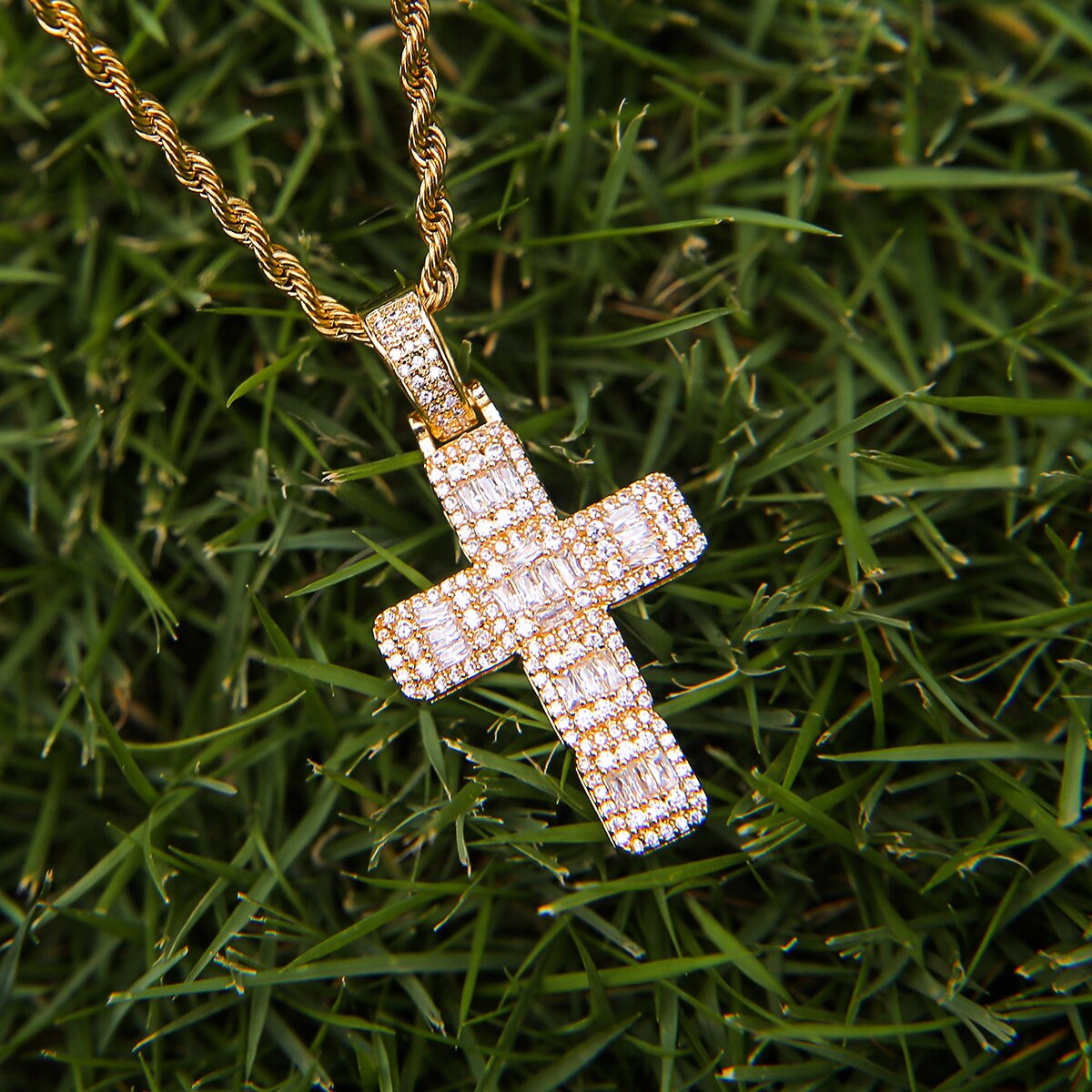 5A Thick Cut Flooded Ice Baguette Cross Bling Hip Hop Pendant Chain Necklace