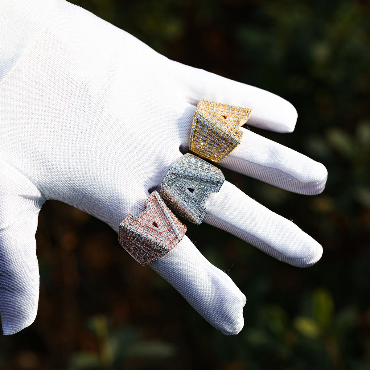 Flooded Ice Rose Gold Silver 24k Hip Hop Custom Initial Baguette Rings