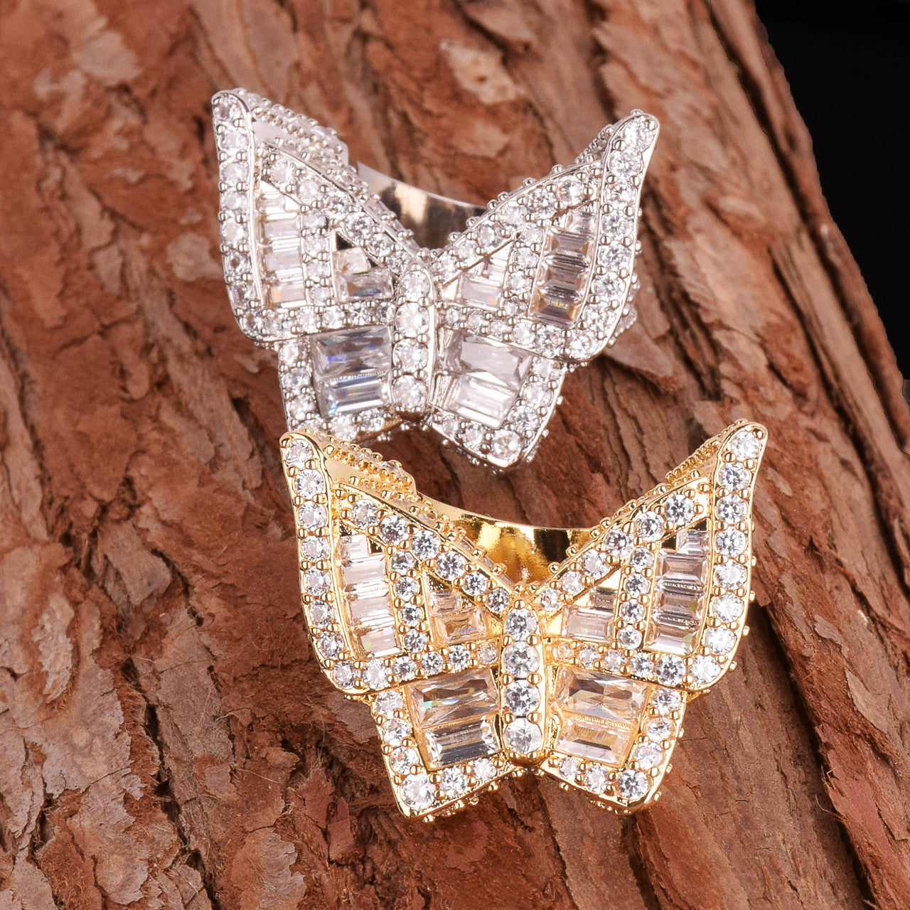 Rose Gold Silver Iced Butterly Rings