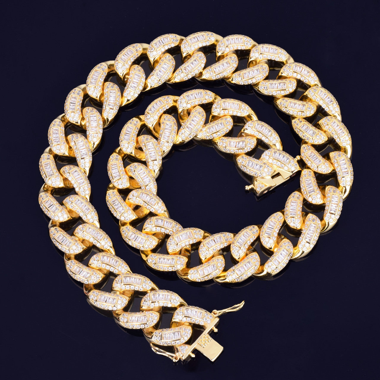 24k Gold Baguette 3AAA Miami Cuban Link Chain Bracelet Hip Hop Jewelry Set