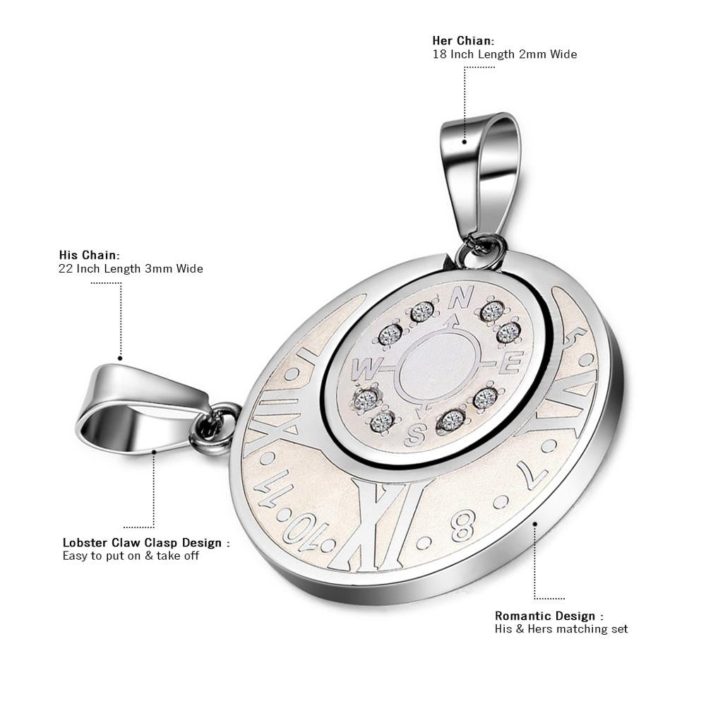 Couples Lovers No Fade Stainless Steel Eternal Love Compass Bling Bling Pendant Chain Necklace
