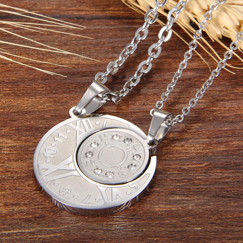 Couples Lovers No Fade Stainless Steel Eternal Love Compass Bling Bling Pendant Chain Necklace