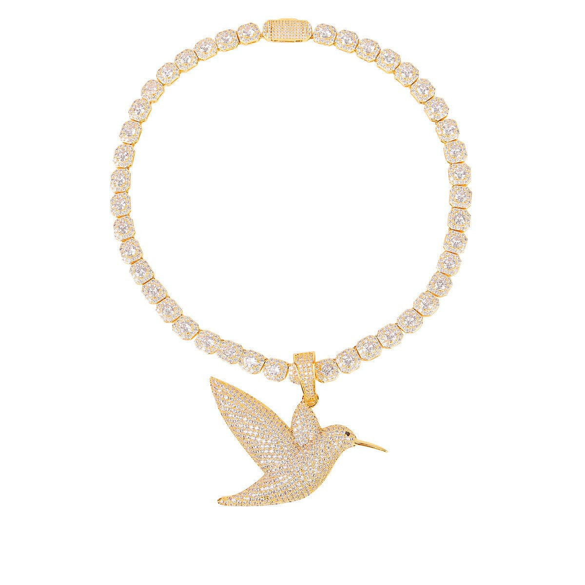 18k Gold Ladies Bling Humming Bird 5A Stone Pendant Chain Necklace