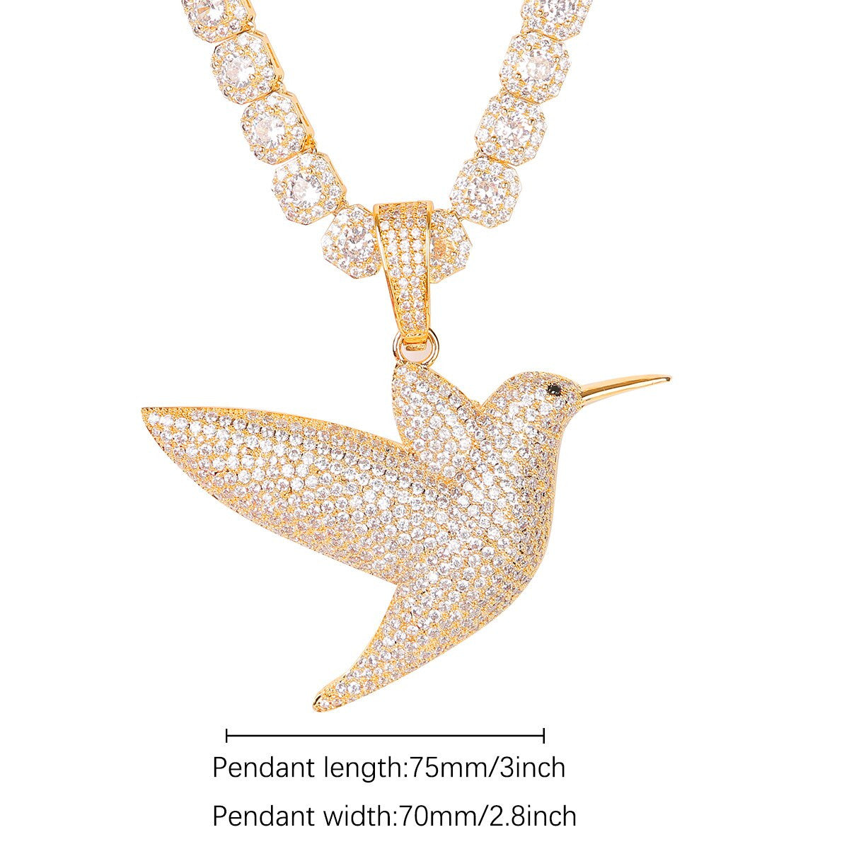 18k Gold Ladies Bling Humming Bird 5A Stone Pendant Chain Necklace