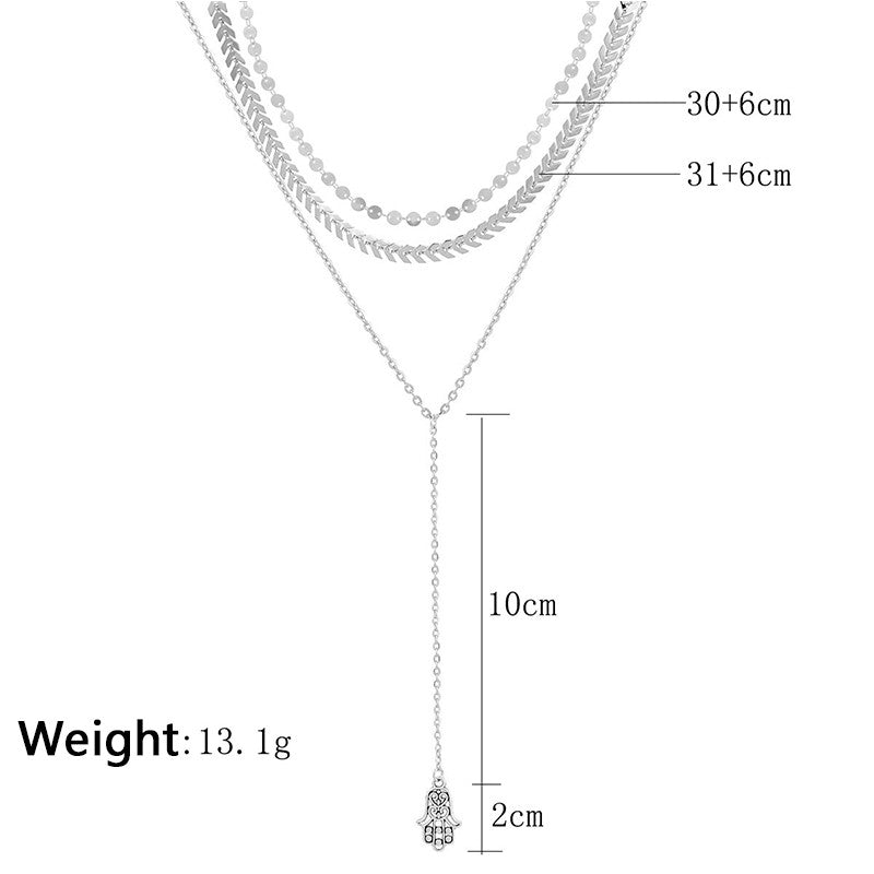 Ladies Boho Fatima Palm Peace Symbol Arrow Round Silver Clavicle Necklace