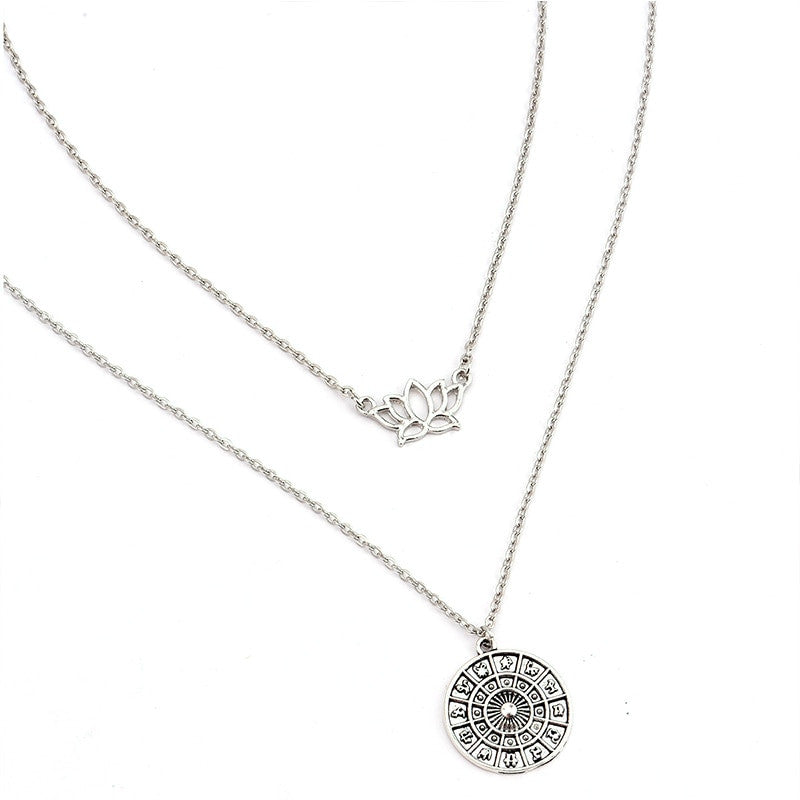 Ladies Bohemian Lotus Compass Silver Multilayer  Retro Chain Long Necklace