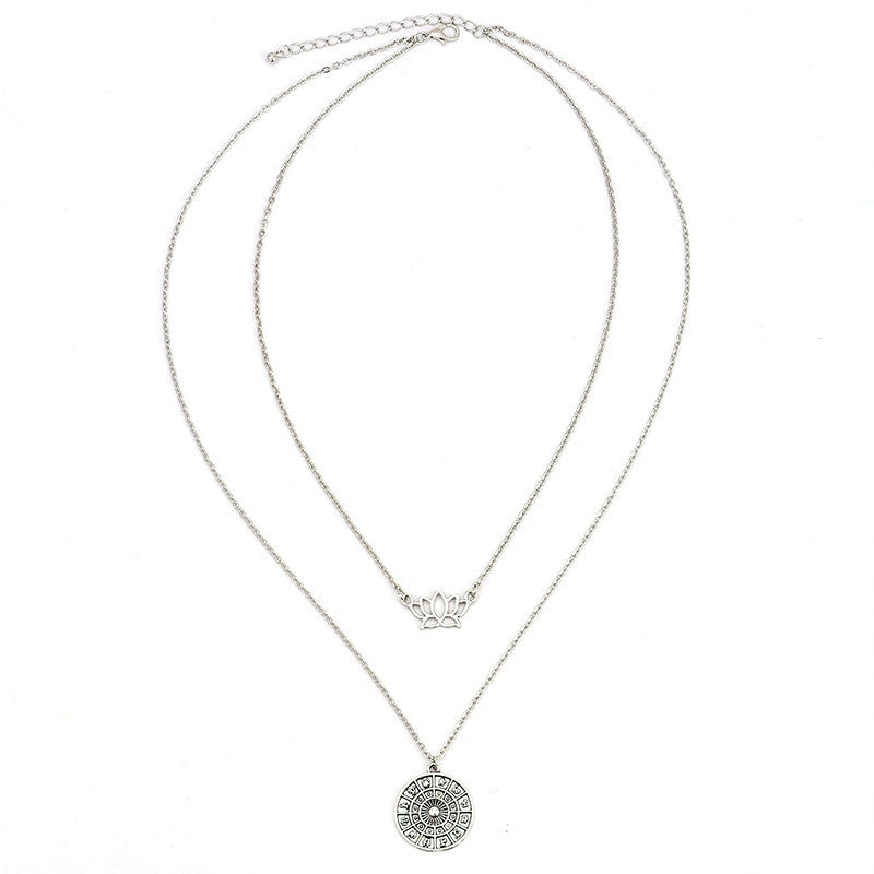 Ladies Bohemian Lotus Compass Silver Multilayer  Retro Chain Long Necklace