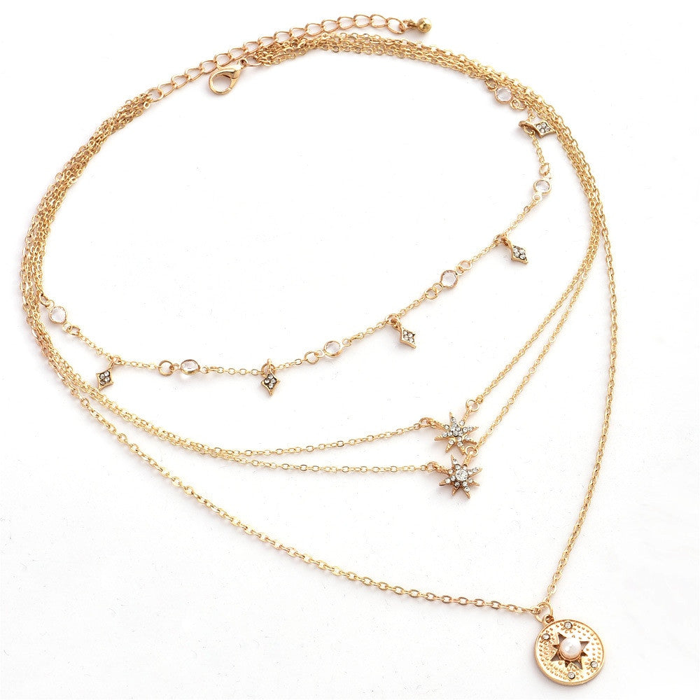 Bohemian Fashion Delicate Crystal Tassel Rhinestone Star Multilayer Gold Necklace Charm