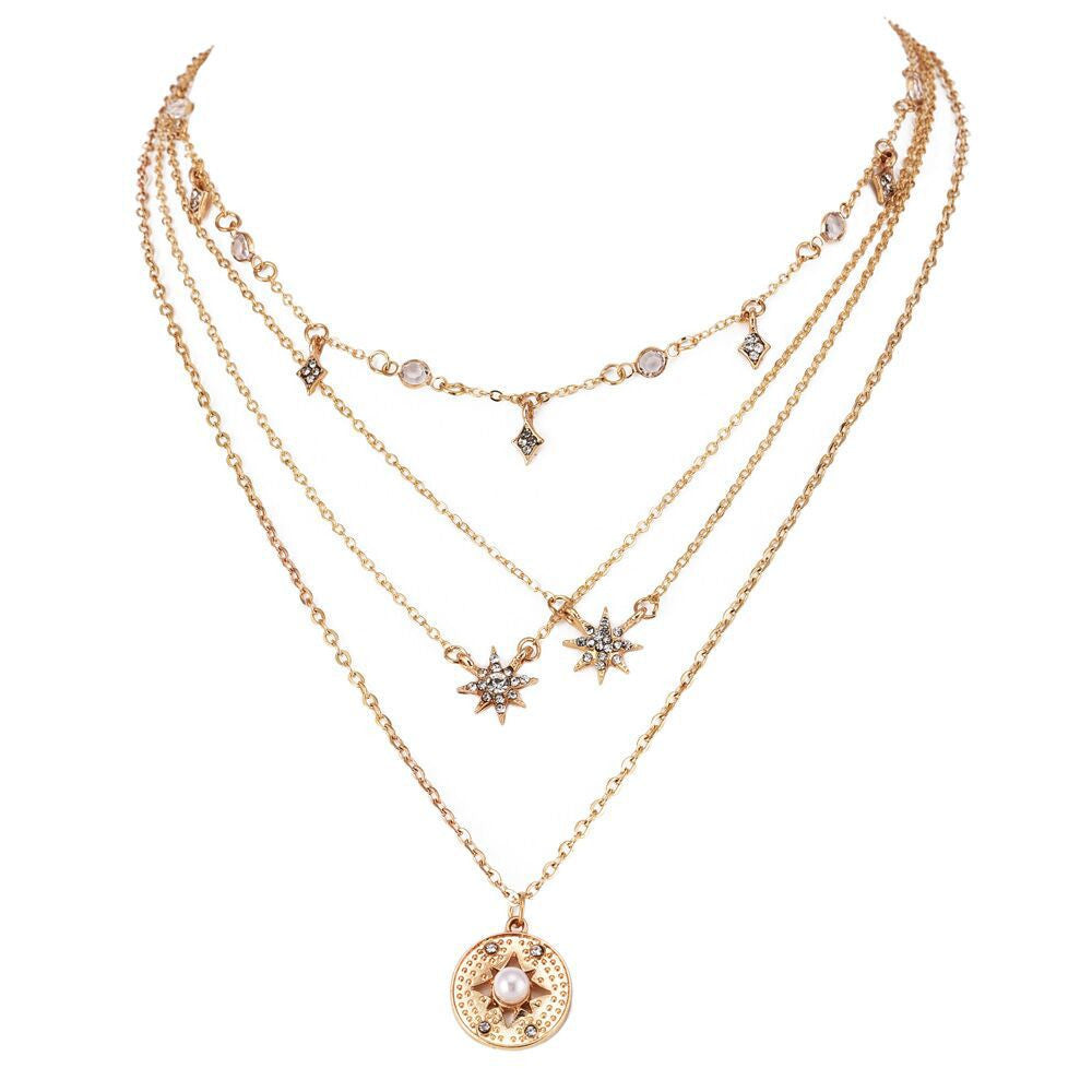Bohemian Fashion Delicate Crystal Tassel Rhinestone Star Multilayer Gold Necklace Charm