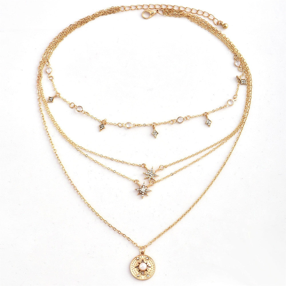 Bohemian Fashion Delicate Crystal Tassel Rhinestone Star Multilayer Gold Necklace Charm