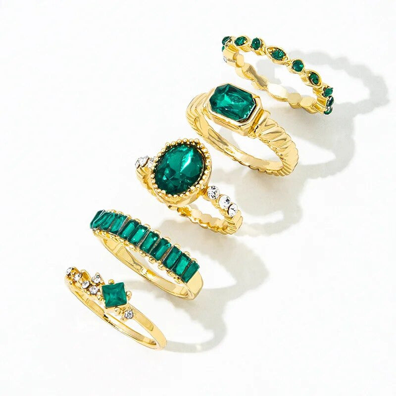 Ladies Purple  Butterfly 7pcs Green Emerald 6pcs Piece Gold Bohemian Ring Set