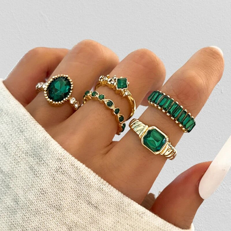 Ladies Purple  Butterfly 7pcs Green Emerald 6pcs Piece Gold Bohemian Ring Set