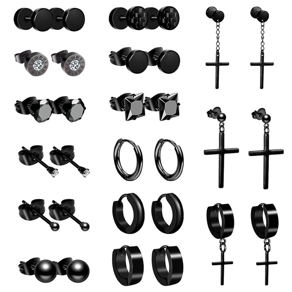 Black No Fade Stainless Steel 15 Pairs Stud Piercing Stud Hoop Dangling Earrings