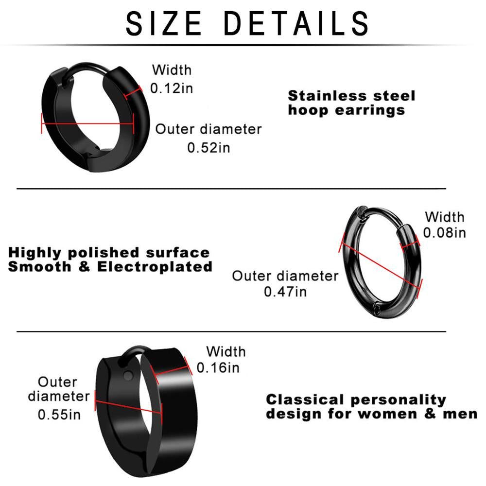 Black No Fade Stainless Steel 15 Pairs Stud Piercing Stud Hoop Dangling Earrings