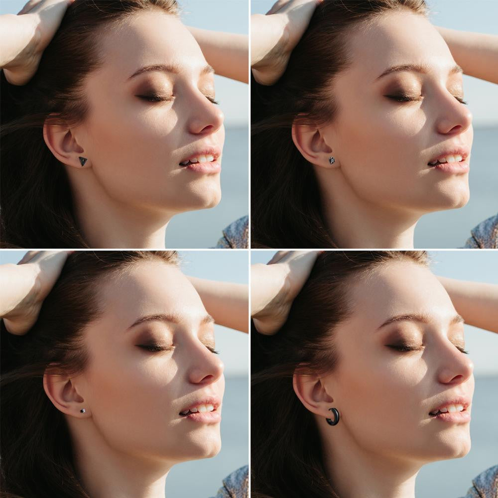 Black No Fade Stainless Steel 15 Pairs Stud Piercing Stud Hoop Dangling Earrings