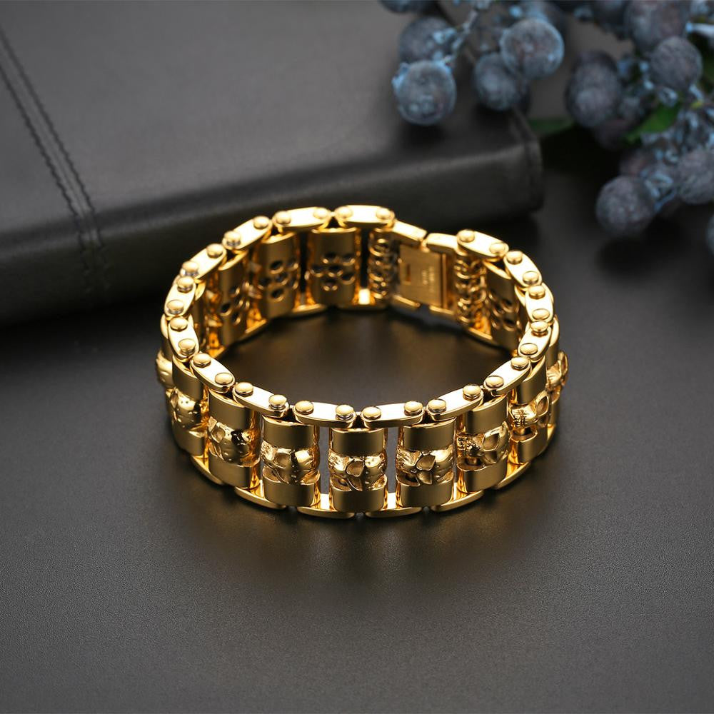 Mens No Fade Stainless Steel Thick Skull Biker Boy Bracelets