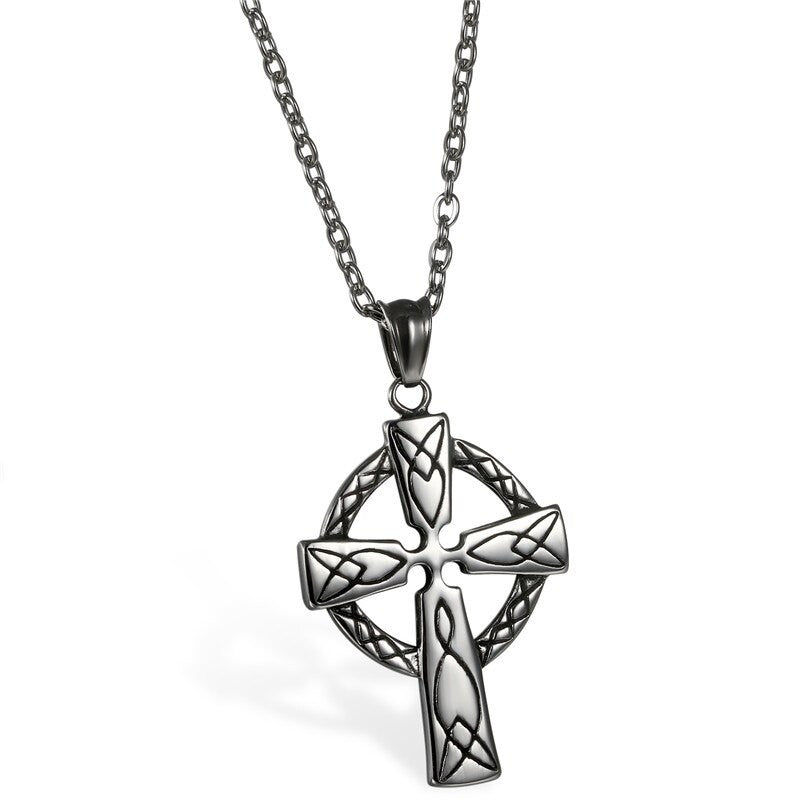 Mens Silver No Fade Stainless Steel Celtic Cross Pendant Chain Necklace