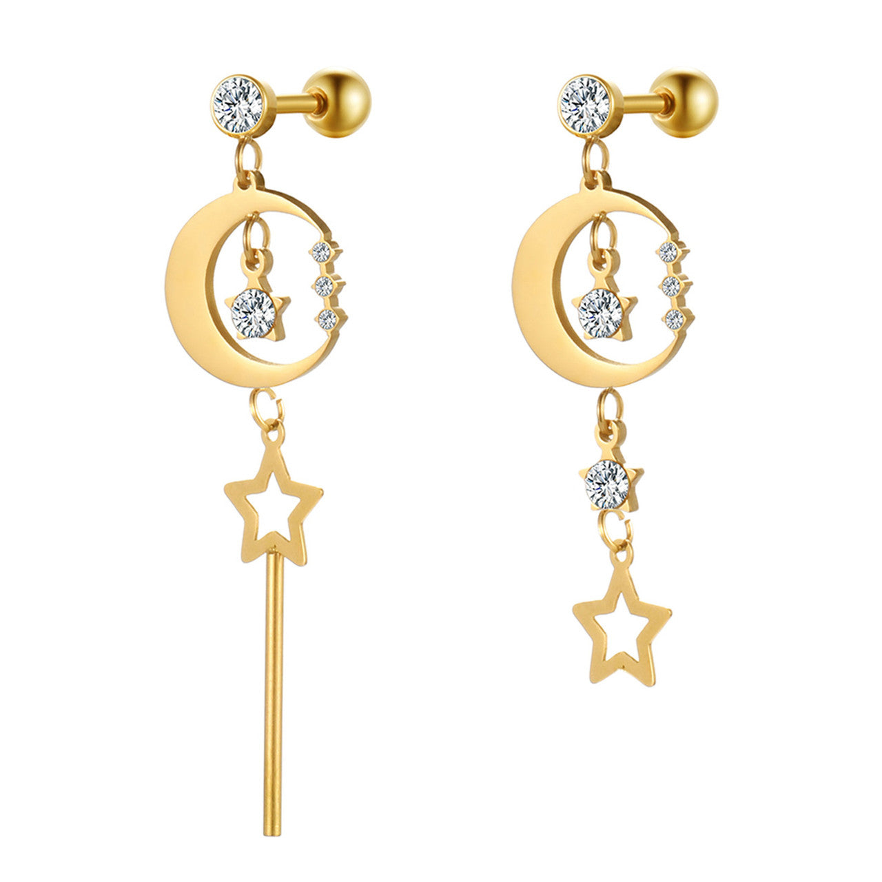 Stainless Steel Moon Star Dangling 14k Gold Silver Bling Earrings