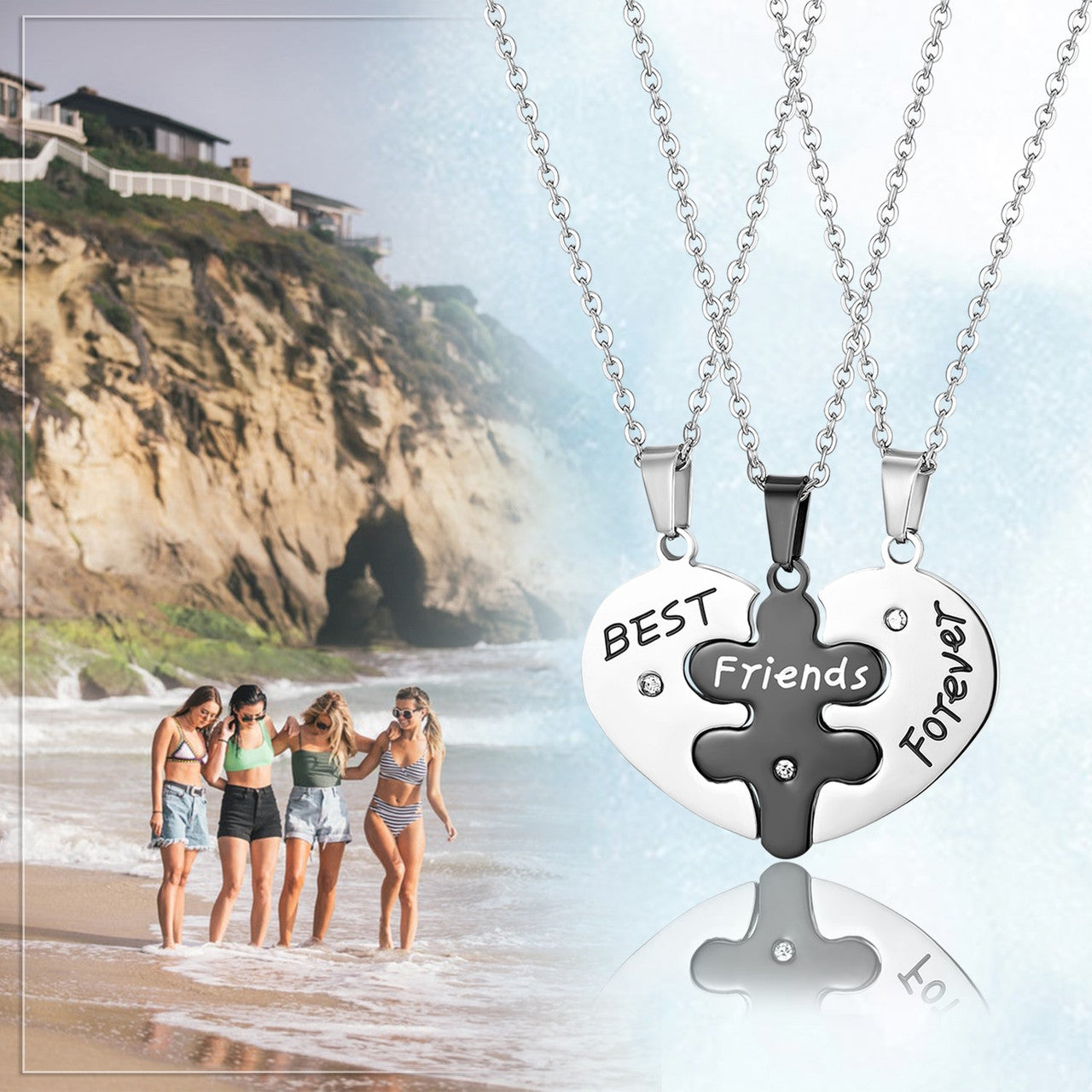 Friendship 3 Puzzle Piece Heart Best Friends Forever Pendant Chain Necklace