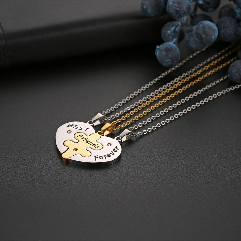 Friendship 3 Puzzle Piece Heart Best Friends Forever Pendant Chain Necklace