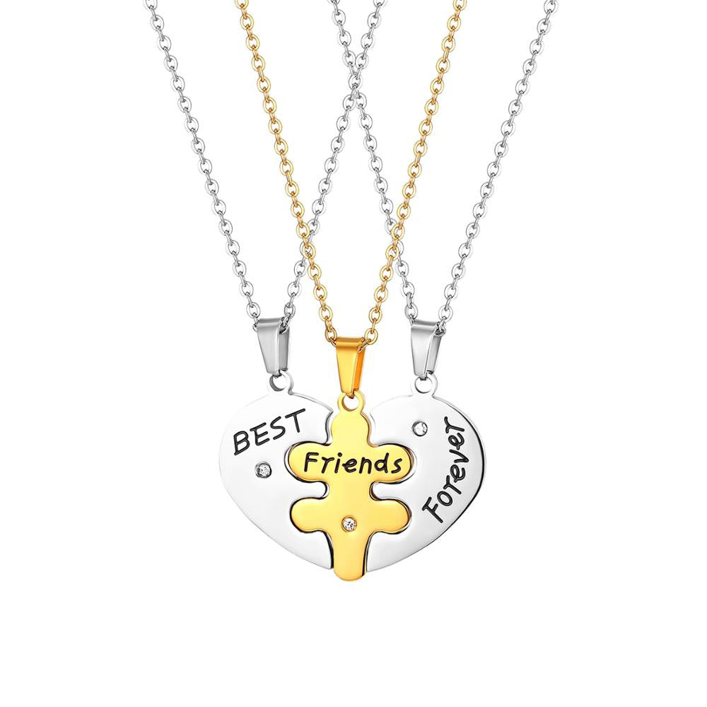 Friendship 3 Puzzle Piece Heart Best Friends Forever Pendant Chain Necklace