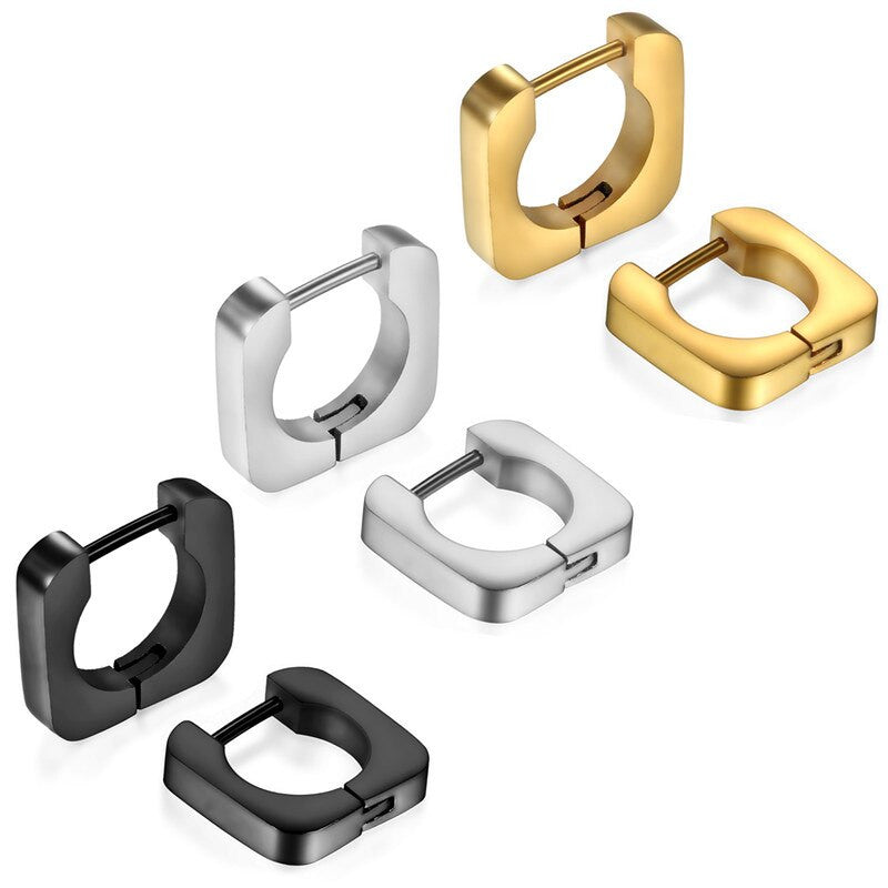 Simple Square Unisex Gold Silver Black over Stainless Steel Huggie Style Hoop Earrings